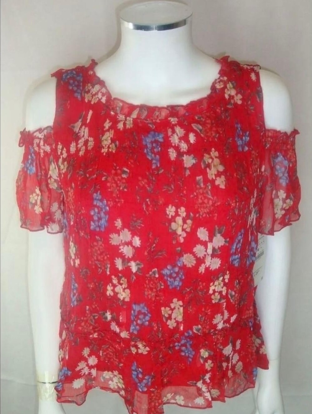 Zara Red Floral Cold-Shoulder Blouse Size M